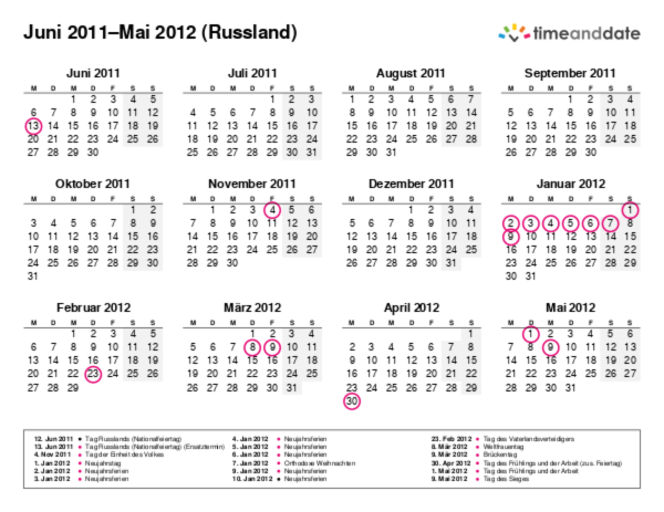 Kalender für 2011 in Russland