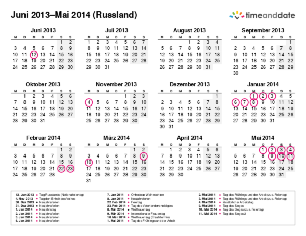 Kalender für 2013 in Russland