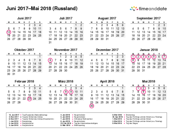 Kalender für 2017 in Russland