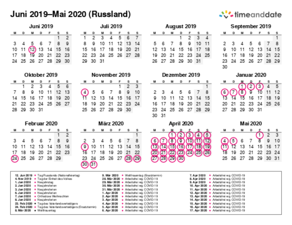 Kalender für 2019 in Russland