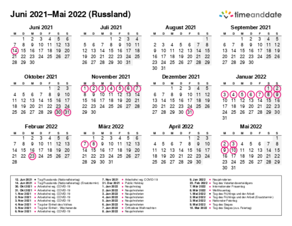 Kalender für 2021 in Russland