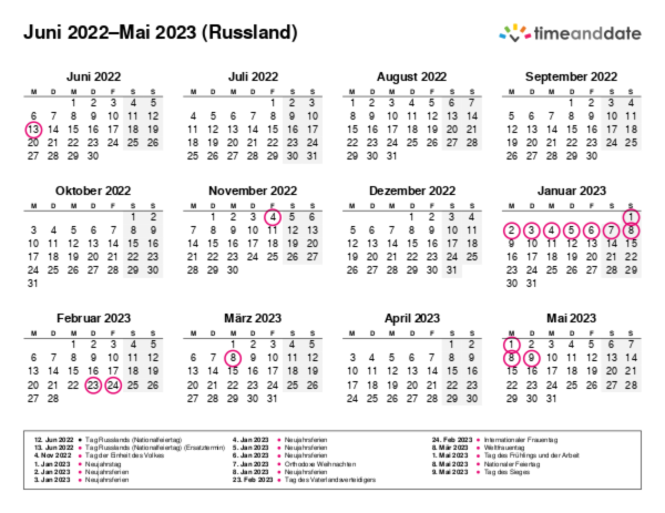 Kalender für 2022 in Russland