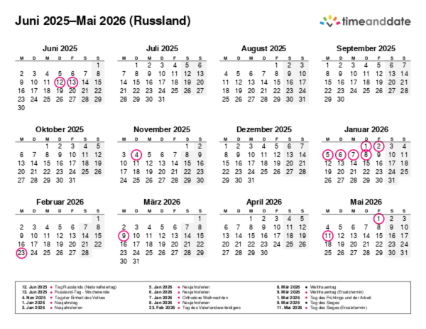 Kalender für 2025 in Russland