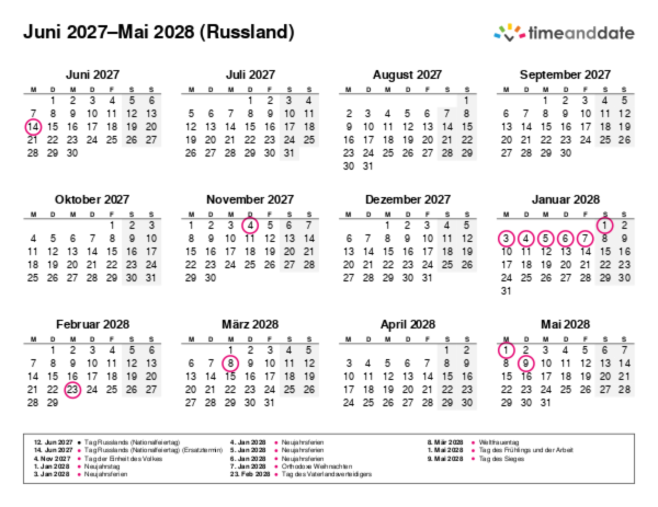 Kalender für 2027 in Russland