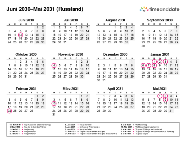 Kalender für 2030 in Russland
