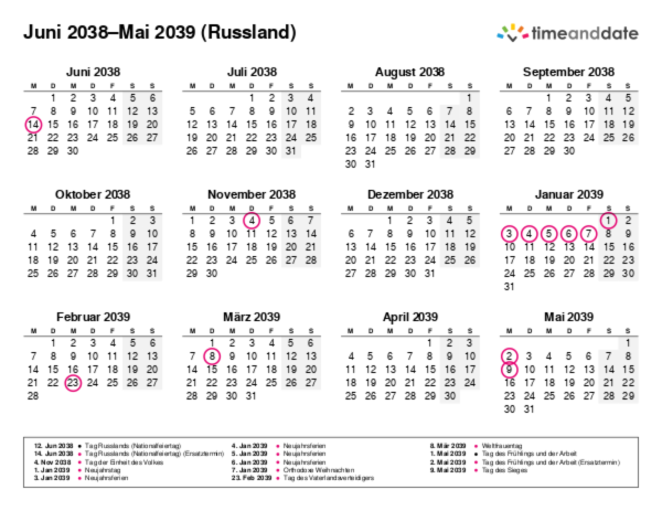 Kalender für 2038 in Russland