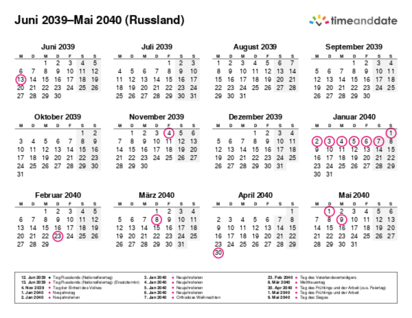 Kalender für 2039 in Russland