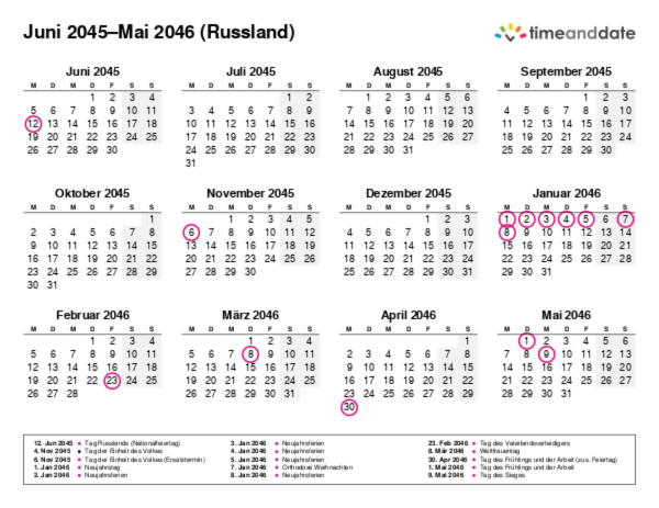 Kalender für 2045 in Russland