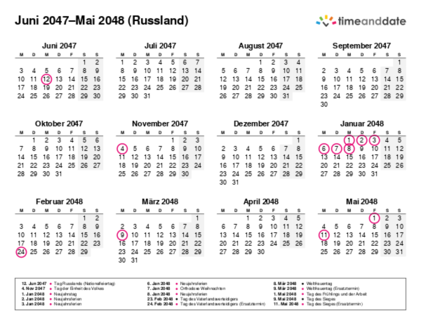 Kalender für 2047 in Russland