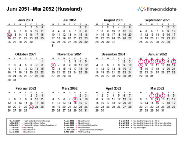 Kalender für 2051 in Russland