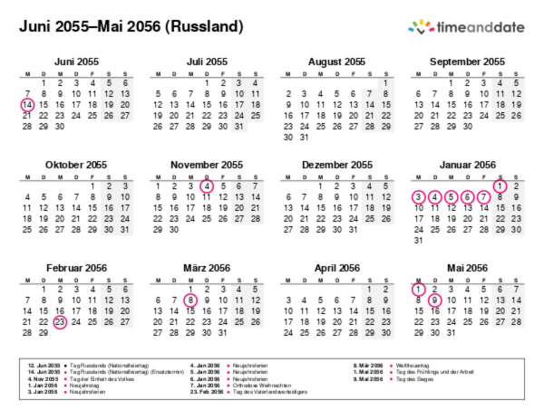 Kalender für 2055 in Russland