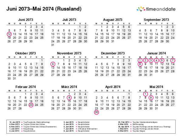 Kalender für 2073 in Russland