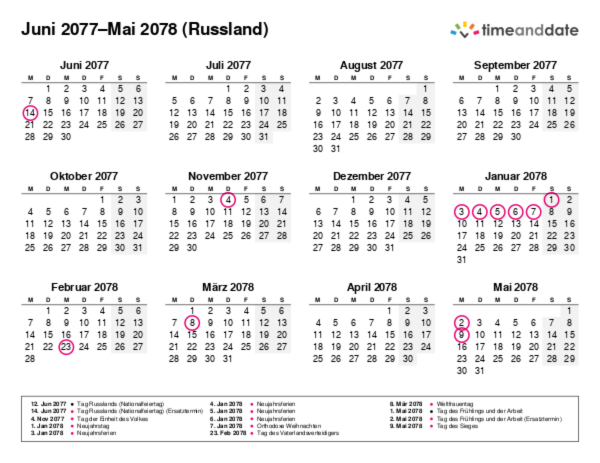 Kalender für 2077 in Russland