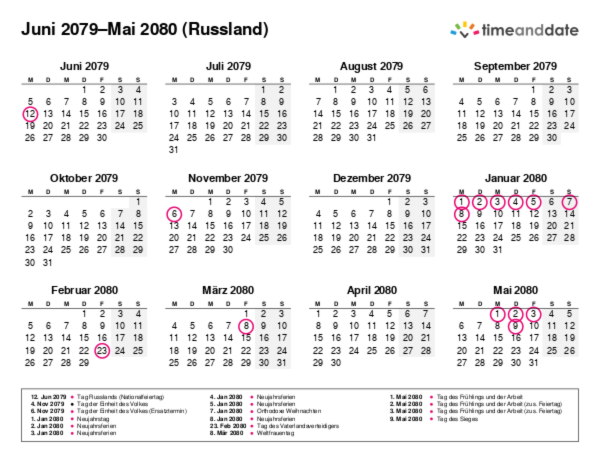 Kalender für 2079 in Russland