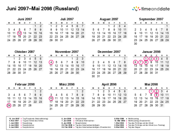 Kalender für 2097 in Russland
