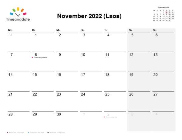 Kalender für 2022 in Laos