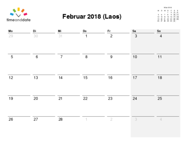 Kalender für 2018 in Laos