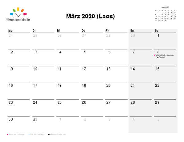 Kalender für 2020 in Laos