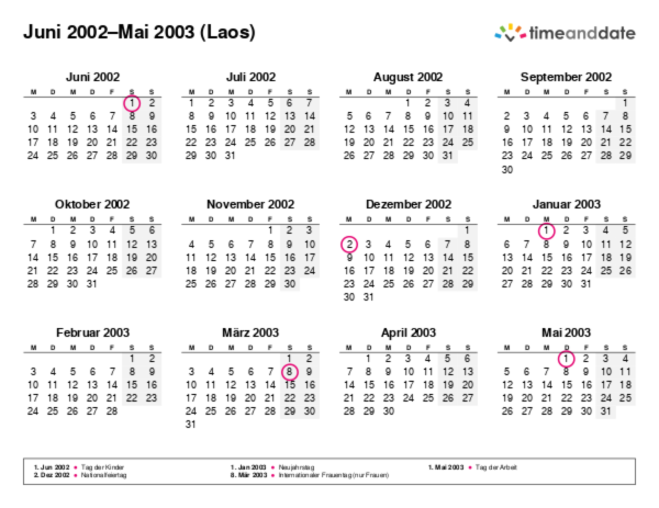 Kalender für 2002 in Laos