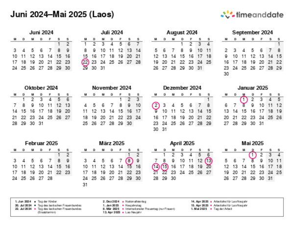 Kalender für 2024 in Laos
