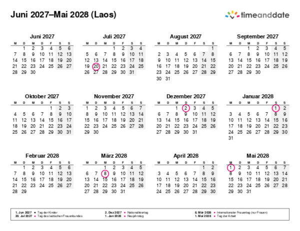 Kalender für 2027 in Laos