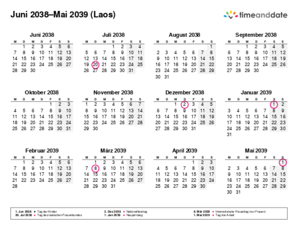 Kalender für 2038 in Laos