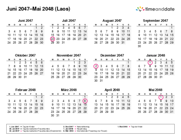 Kalender für 2047 in Laos