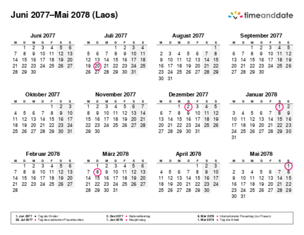 Kalender für 2077 in Laos