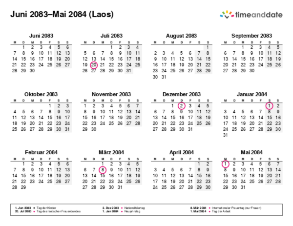 Kalender für 2083 in Laos