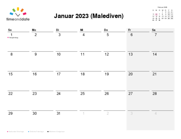Kalender für 2023 in Malediven