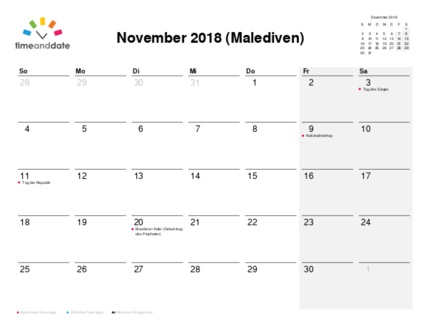 Kalender für 2018 in Malediven