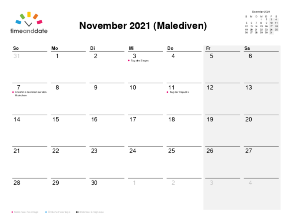 Kalender für 2021 in Malediven