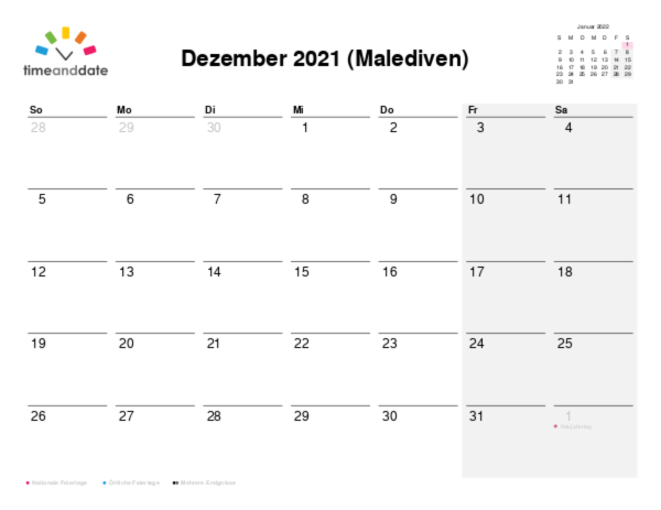 Kalender für 2021 in Malediven