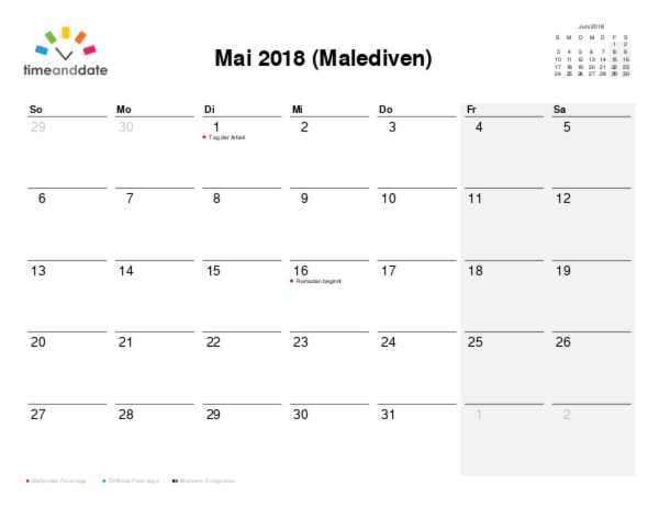 Kalender für 2018 in Malediven