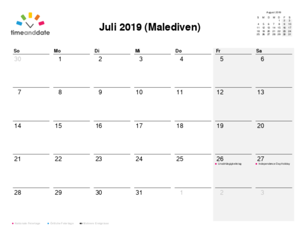 Kalender für 2019 in Malediven