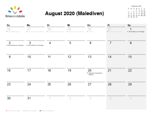 Kalender für 2020 in Malediven