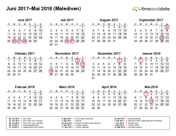 Kalender für 2017 in Malediven