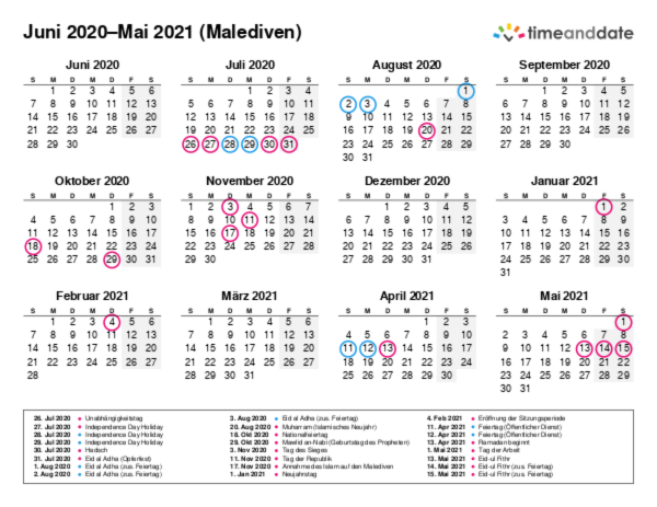 Kalender für 2020 in Malediven