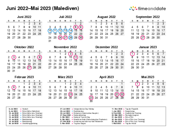 Kalender für 2022 in Malediven