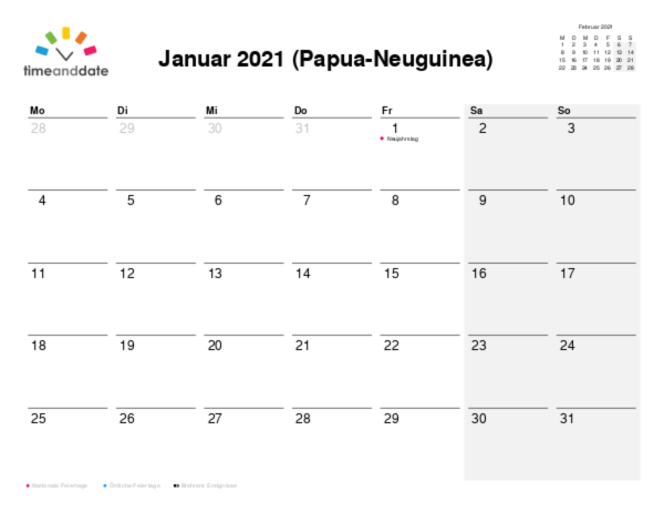 Kalender für 2021 in Papua-Neuguinea