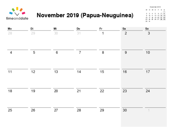 Kalender für 2019 in Papua-Neuguinea