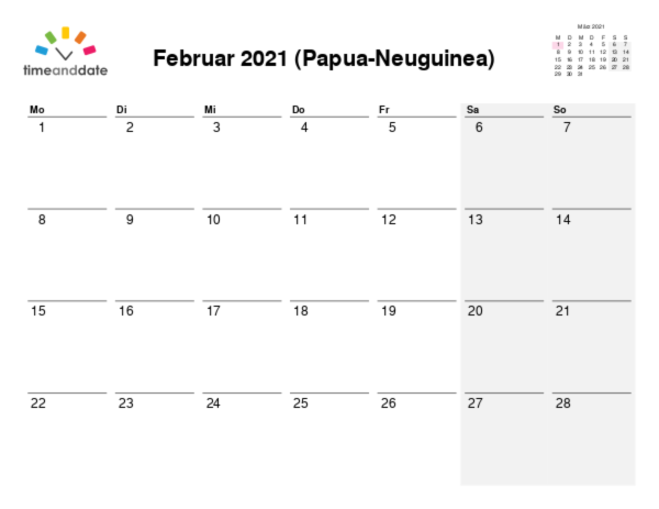 Kalender für 2021 in Papua-Neuguinea