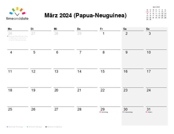 Kalender für 2024 in Papua-Neuguinea