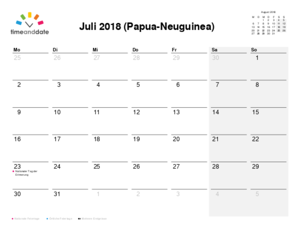 Kalender für 2018 in Papua-Neuguinea