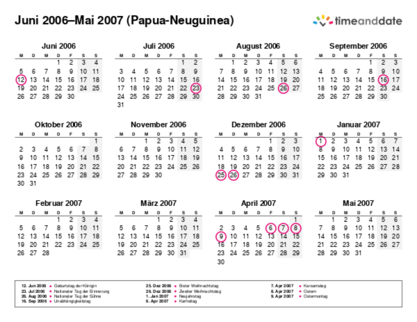 Kalender für 2006 in Papua-Neuguinea