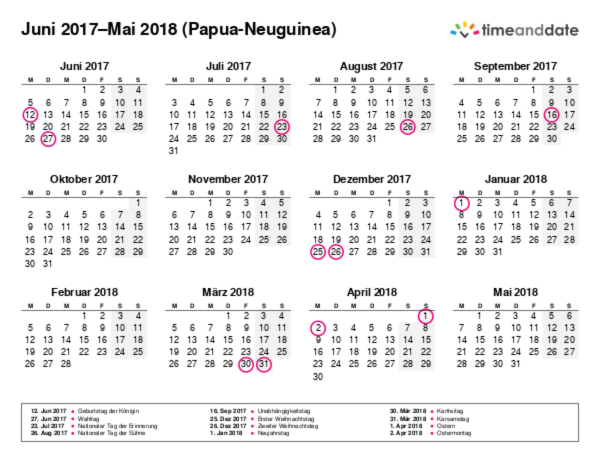 Kalender für 2017 in Papua-Neuguinea