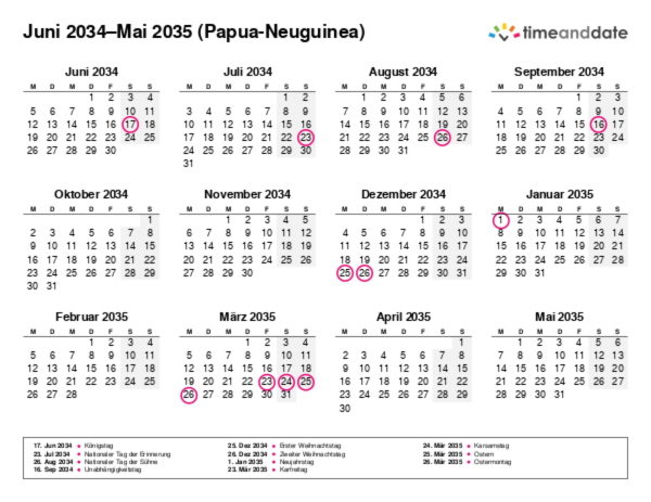 Kalender für 2034 in Papua-Neuguinea