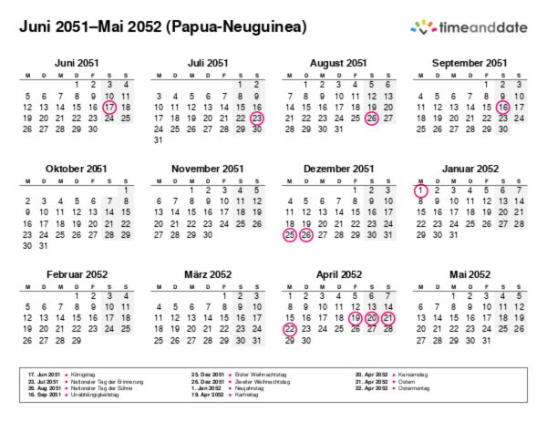 Kalender für 2051 in Papua-Neuguinea