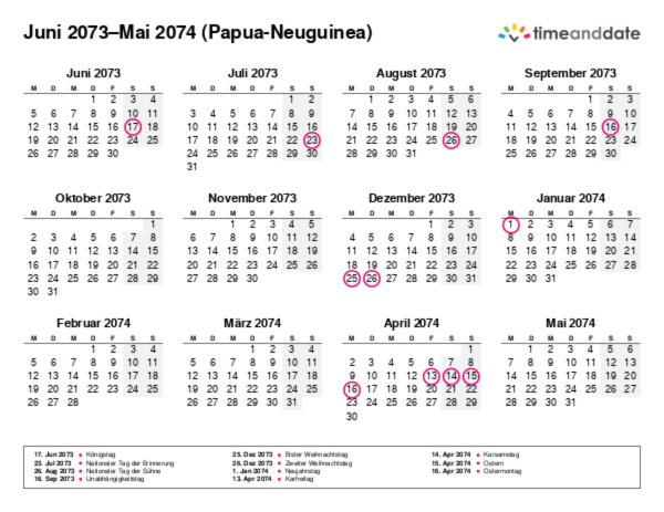 Kalender für 2073 in Papua-Neuguinea