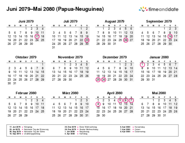 Kalender für 2079 in Papua-Neuguinea
